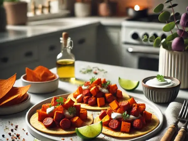 Spicy Chorizo and Sweet Potato Tostadas with Lime Crema, finished dish