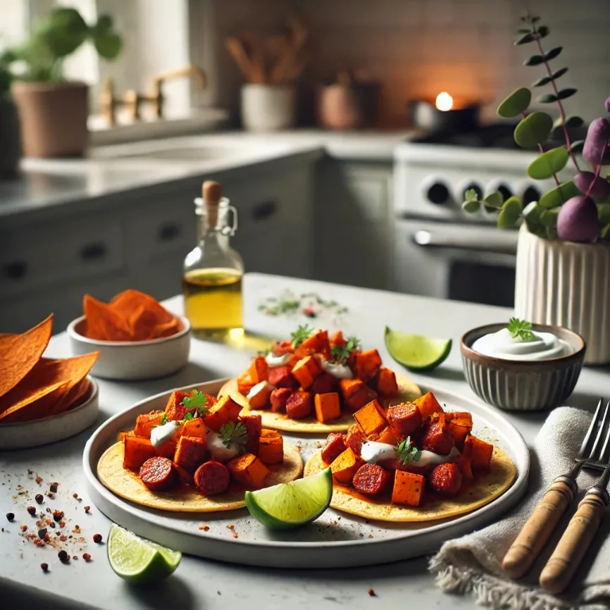 Spicy Chorizo and Sweet Potato Tostadas with Lime Crema, finished dish