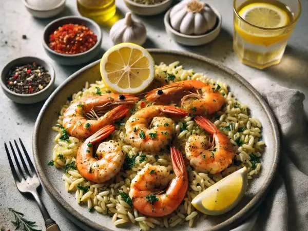 Spicy Garlic Butter Shrimp with Lemon Herb Orzo, finished dish