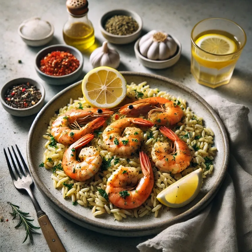 Spicy Garlic Butter Shrimp with Lemon Herb Orzo, finished dish