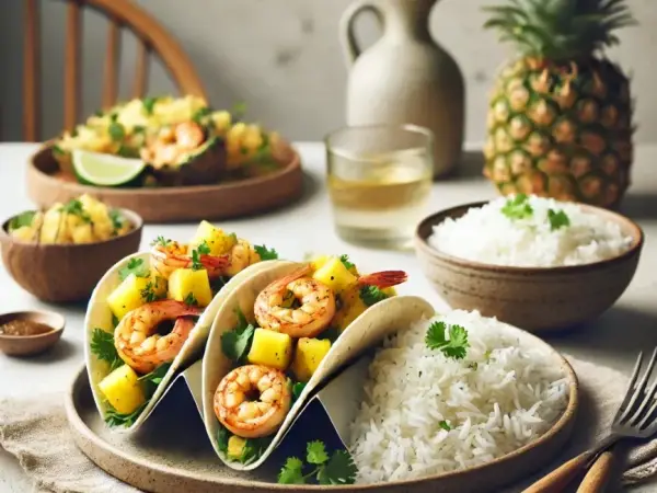 Spicy Pineapple Shrimp Tacos with Avocado-Lime Crema, finished dish