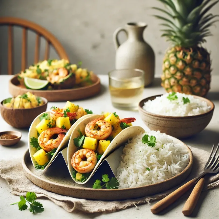 Spicy Pineapple Shrimp Tacos with Avocado-Lime Crema, finished dish
