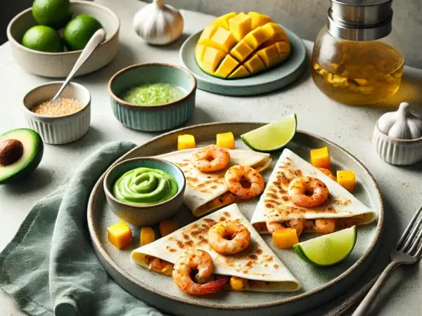 Spicy Shrimp and Mango Quesadillas with Avocado Lime Sauce, finished dish