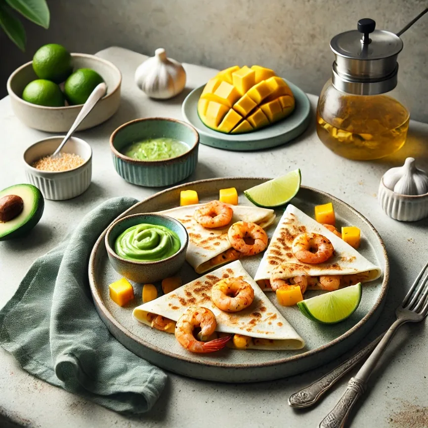 Spicy Shrimp and Mango Quesadillas with Avocado Lime Sauce, finished dish