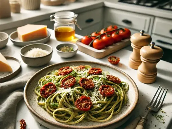 Spicy Sun-Dried Tomato Pesto Pasta with Burrata, finished dish