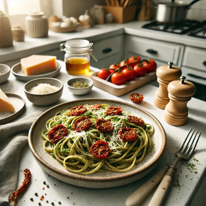 Spicy Sun-Dried Tomato Pesto Pasta with Burrata, finished dish