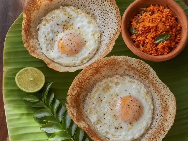 Sri Lankan Egg Hoppers with Coconut Sambol, finished dish