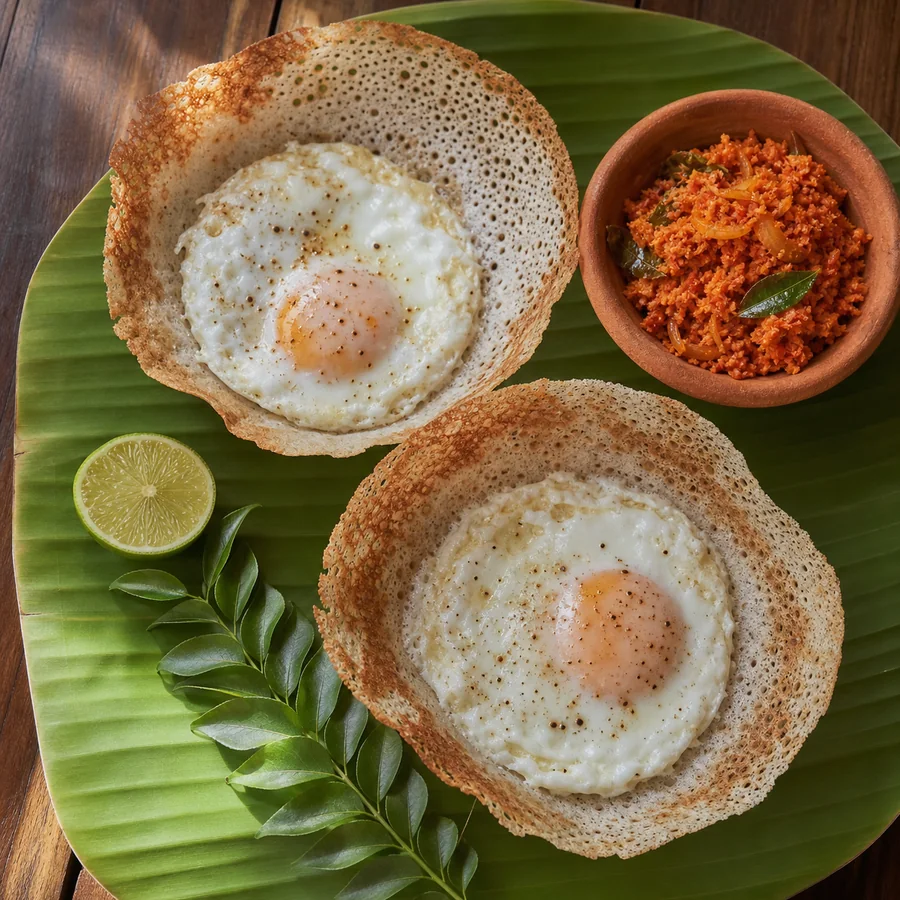Sri Lankan Egg Hoppers with Coconut Sambol, finished dish
