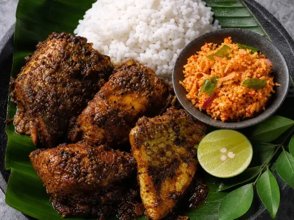 Sri Lankan Fish Ambul Thiyal with Coconut Sambol, finished dish