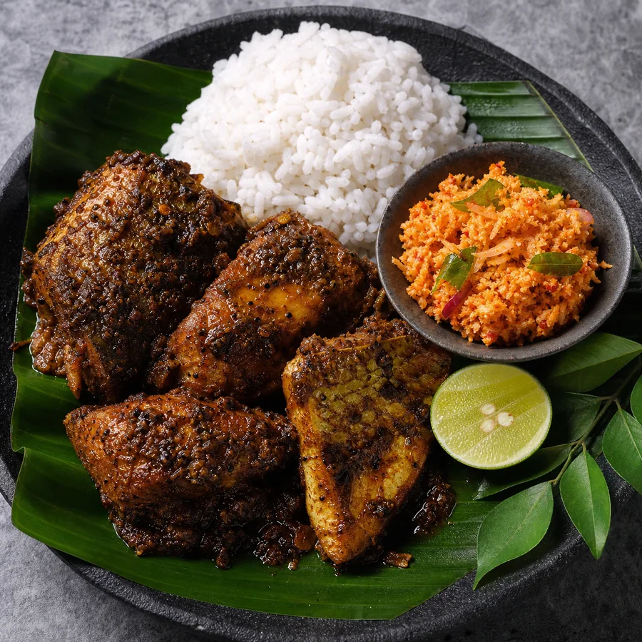 Sri Lankan Fish Ambul Thiyal with Coconut Sambol, finished dish