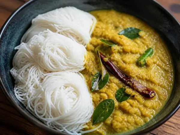 Sri Lankan Parippu Curry with String Hoppers, original finished dish food photograph