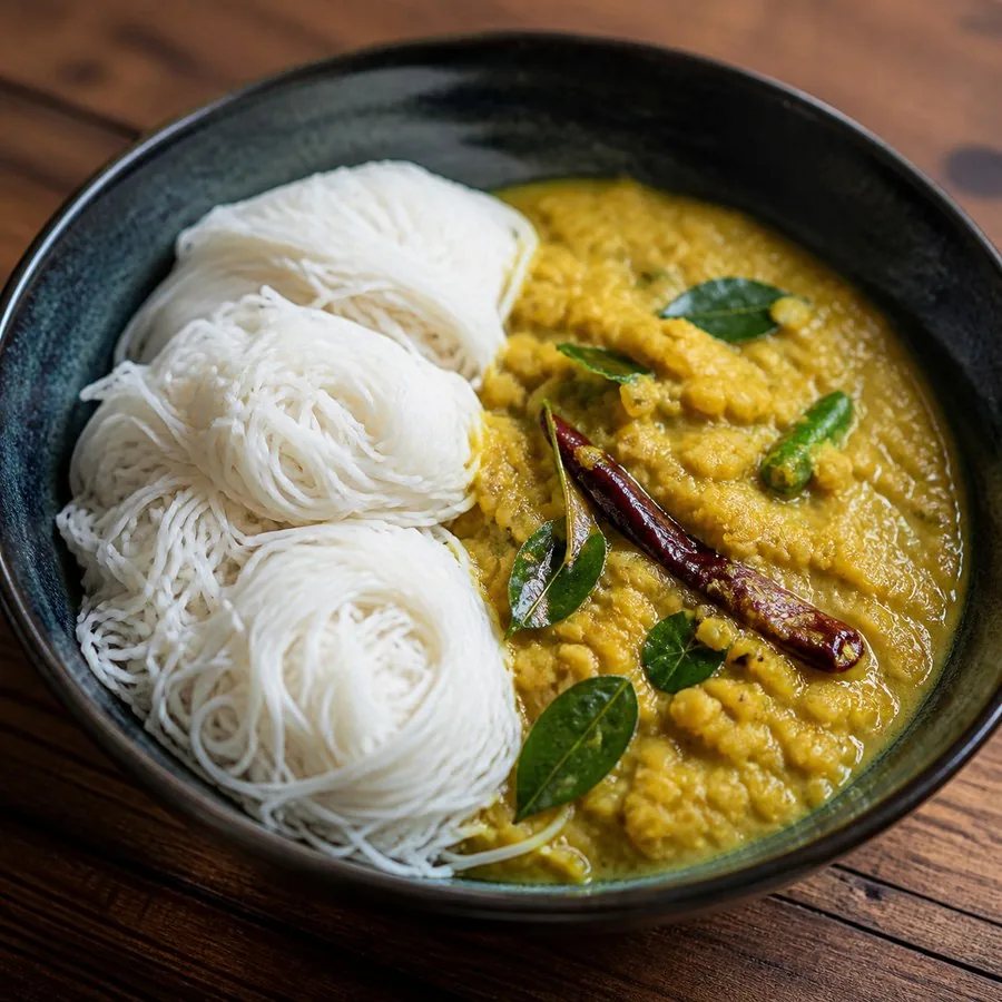 Sri Lankan Parippu Curry with String Hoppers, original finished dish food photograph