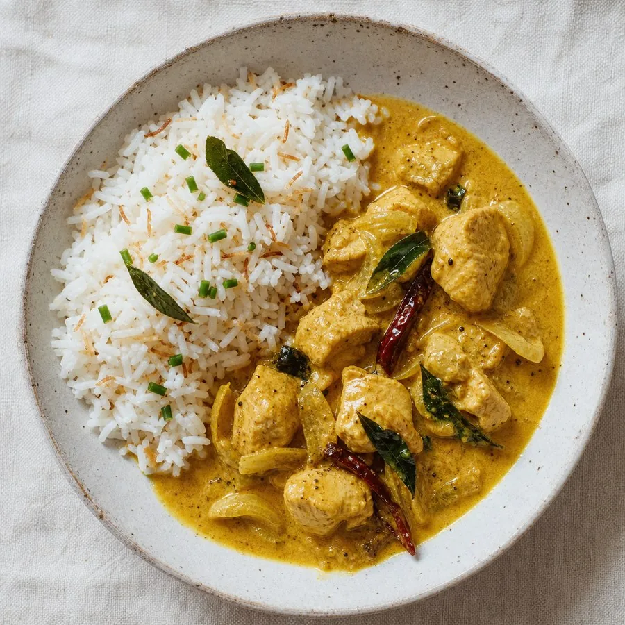 Sri Lankan Polos Curry with Coconut Rice, original finished dish food photograph