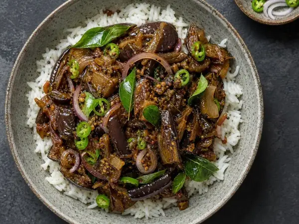 Sri Lankan Wambatu Moju Eggplant Rice Bowl, original finished dish food photograph