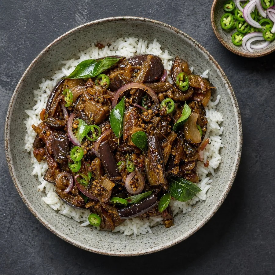 Sri Lankan Wambatu Moju Eggplant Rice Bowl, original finished dish food photograph