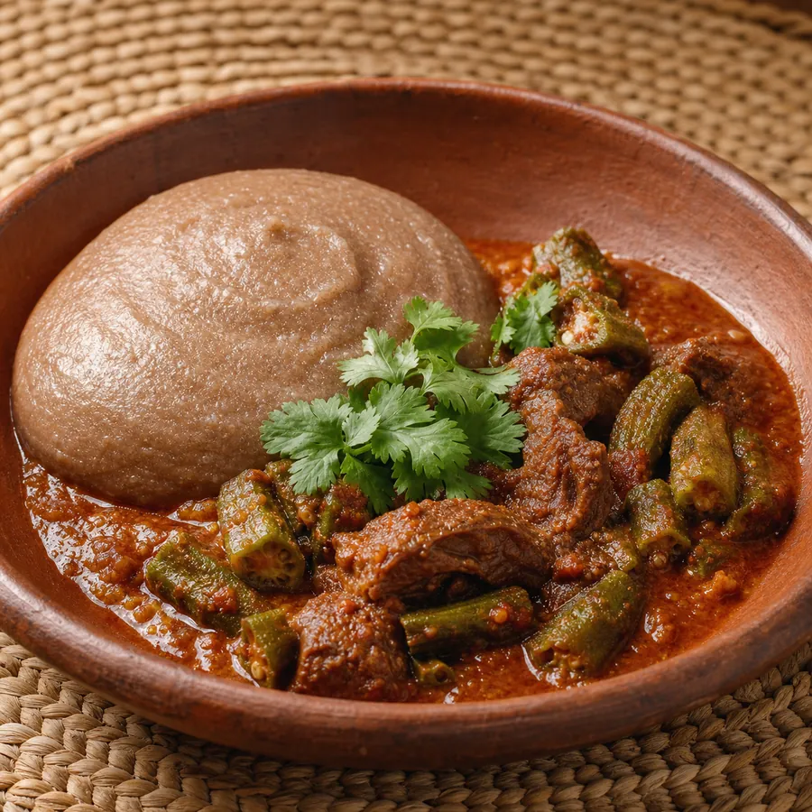 Sudanese Asida Beef and Okra Stew in a clay bowl