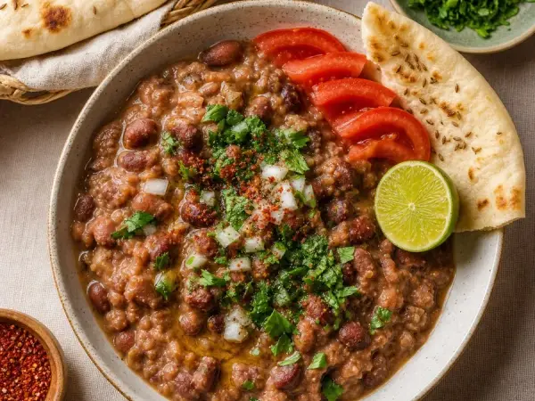 Sudanese Ful Medames with Cumin Flatbread, plated as a finished dinner