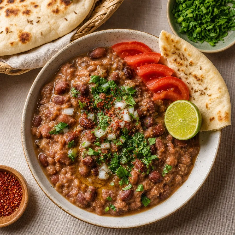 Sudanese Ful Medames with Cumin Flatbread, plated as a finished dinner