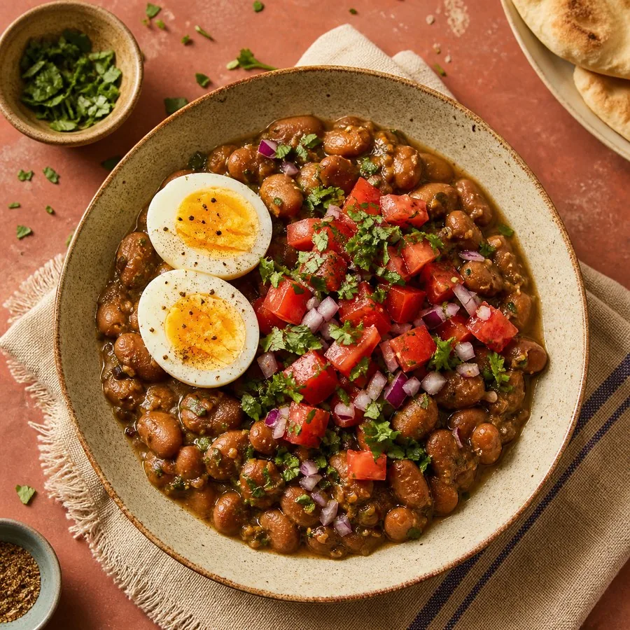 Sudanese Ful Medames with Tomato and Egg, finished dinner
