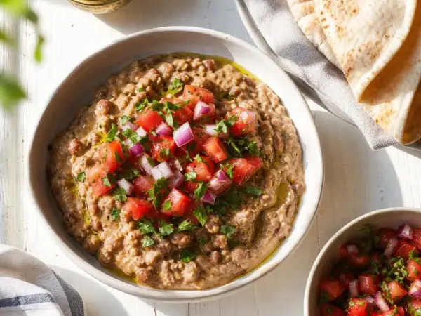Sudanese Ful Medames with tomato salad and pita