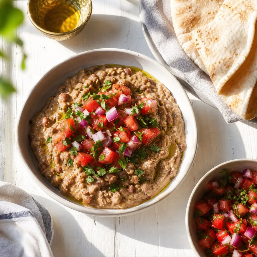 Sudanese Ful Medames with tomato salad and pita