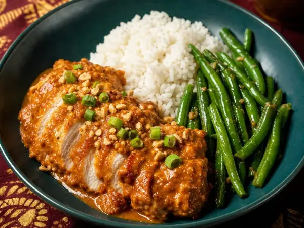Surinamese Peanut Chicken with Green Beans and Rice, finished dish