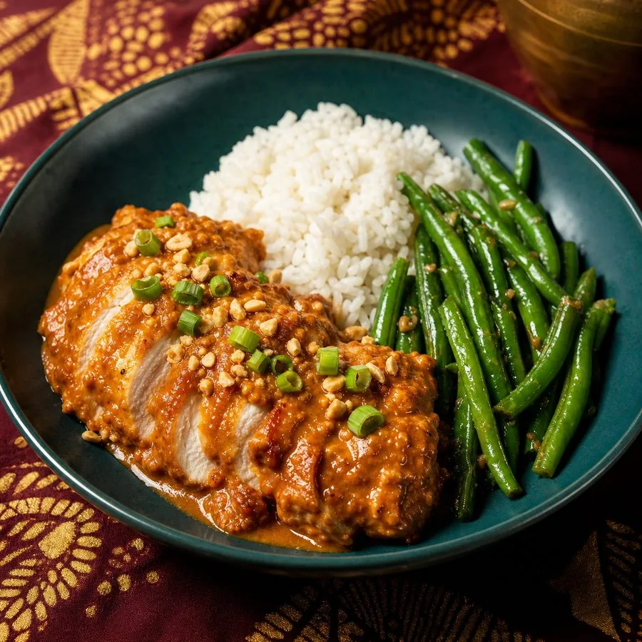 Surinamese Peanut Chicken with Green Beans and Rice, finished dish