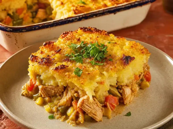 Golden cassava-topped chicken bake with herbs