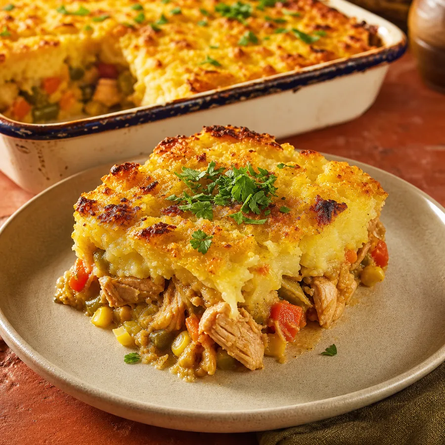 Golden cassava-topped chicken bake with herbs