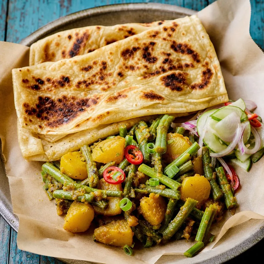 Surinamese Roti with Long Beans and Potato, finished dish