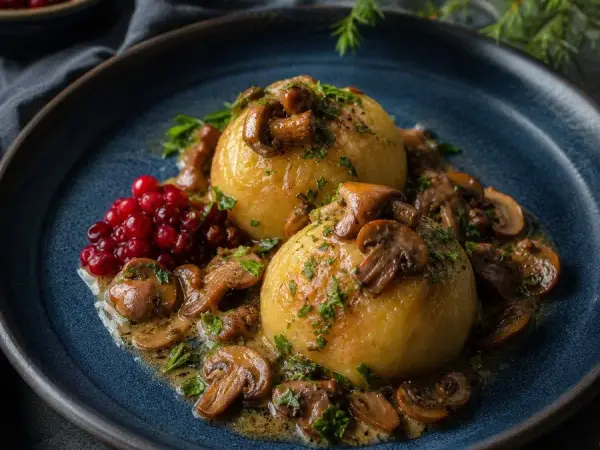Swedish Kroppkakor with Mushroom Butter, plated and ready to serve