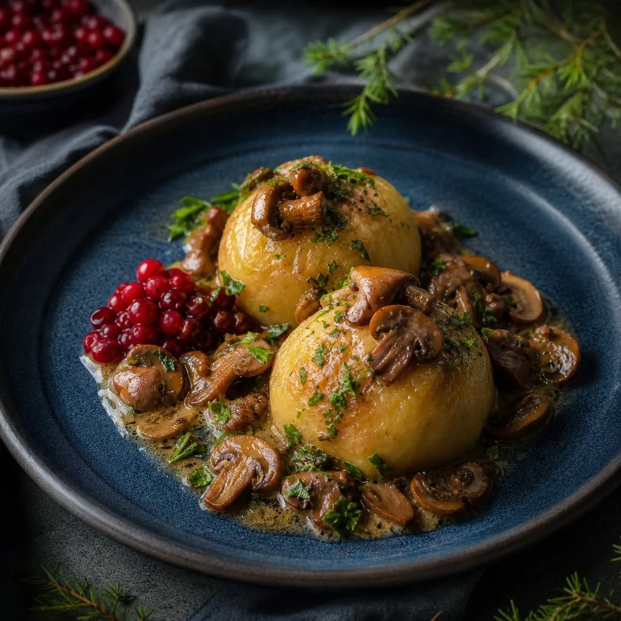 Swedish Kroppkakor with Mushroom Butter, plated and ready to serve