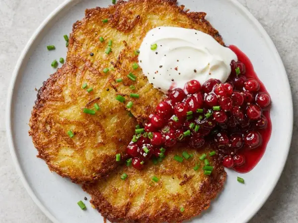 Swedish Raggmunk Potato Pancakes with Lingonberry, finished dish