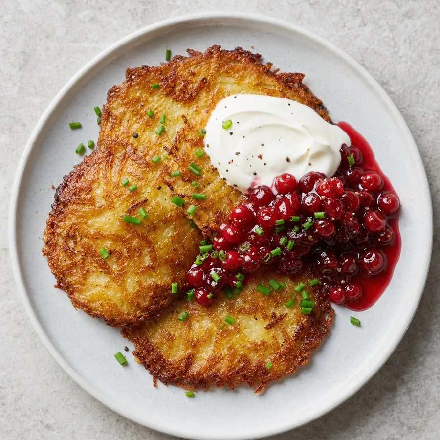 Swedish Raggmunk Potato Pancakes with Lingonberry, finished dish