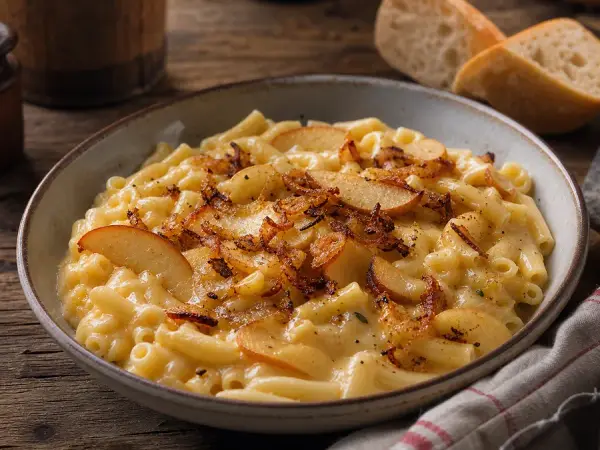 Swiss creamy pasta and potatoes with apples and fried onions