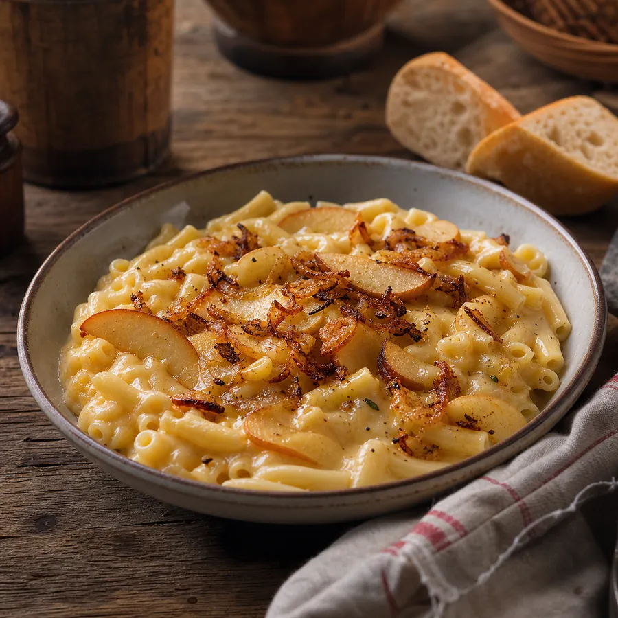 Swiss creamy pasta and potatoes with apples and fried onions
