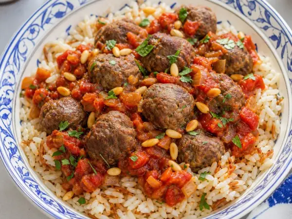 Syrian Dawood Basha Beef Meatballs with Rice, finished dish