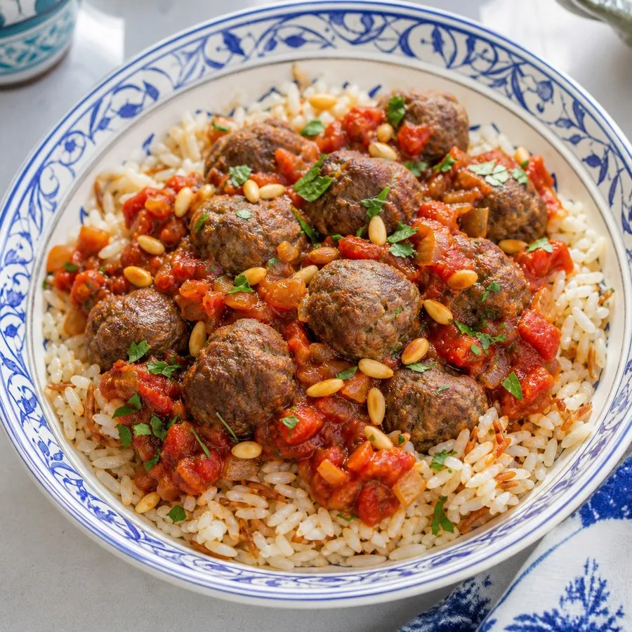 Syrian Dawood Basha Beef Meatballs with Rice, finished dish