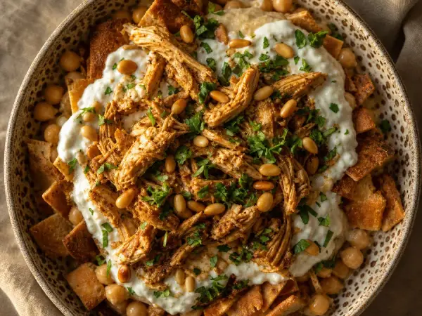 Syrian Fattet Hummus with chicken chickpeas yogurt and pine nuts