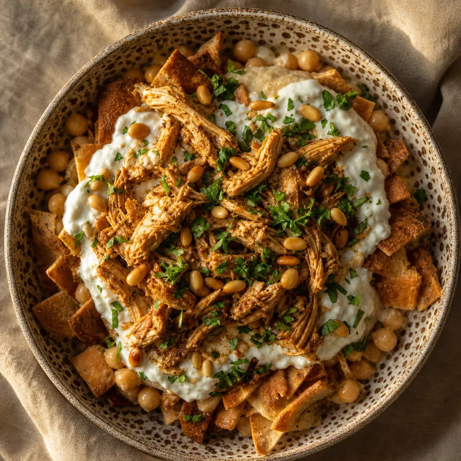Syrian Fattet Hummus with chicken chickpeas yogurt and pine nuts
