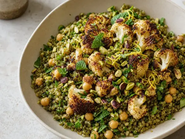 Syrian Freekeh Chickpea Pilaf with Roasted Cauliflower, finished dish
