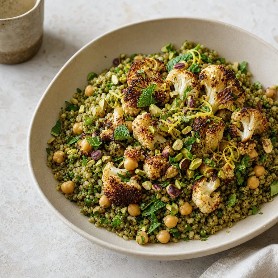 Syrian Freekeh Chickpea Pilaf with Roasted Cauliflower, finished dish