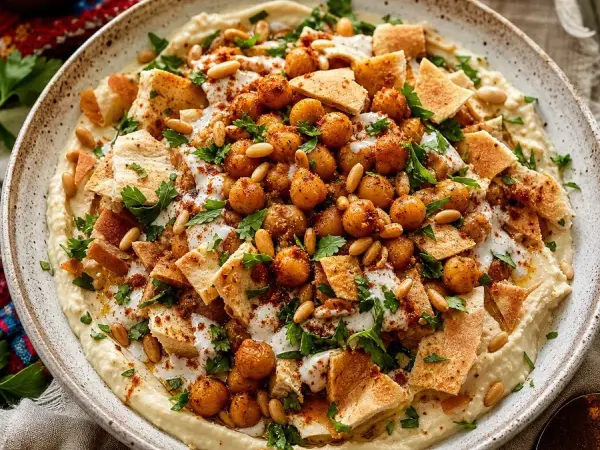 Syrian Hummus Fatteh with Spiced Chickpeas, finished dish