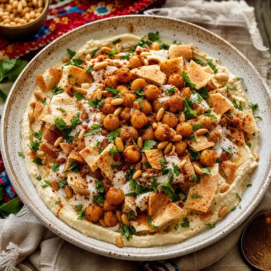Syrian Hummus Fatteh with Spiced Chickpeas, finished dish