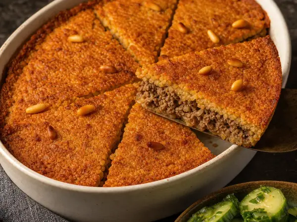 Syrian Kibbeh Bil Sanieh Beef and Bulgur Bake cut into wedges