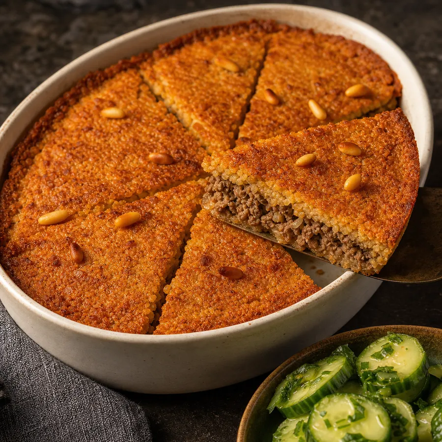 Syrian Kibbeh Bil Sanieh Beef and Bulgur Bake cut into wedges