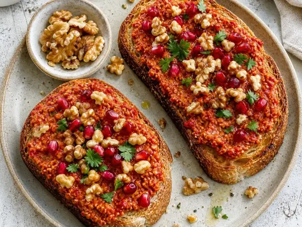 Syrian Muhammara Walnut Pepper Toasts, finished dish