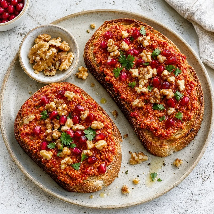 Syrian Muhammara Walnut Pepper Toasts, finished dish