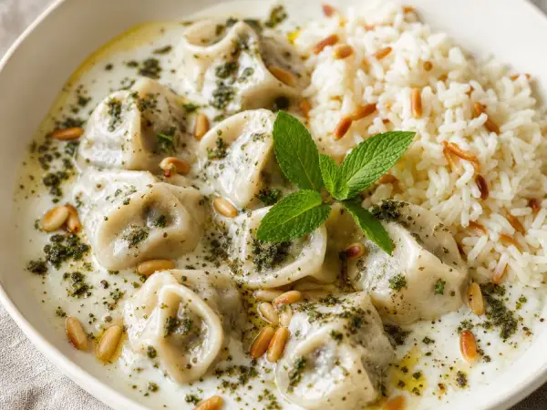 Syrian Shish Barak Yogurt Dumplings with rice and pine nuts
