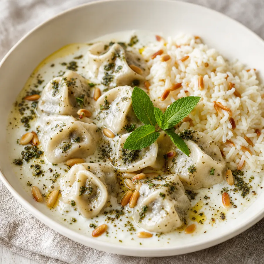 Syrian Shish Barak Yogurt Dumplings with rice and pine nuts